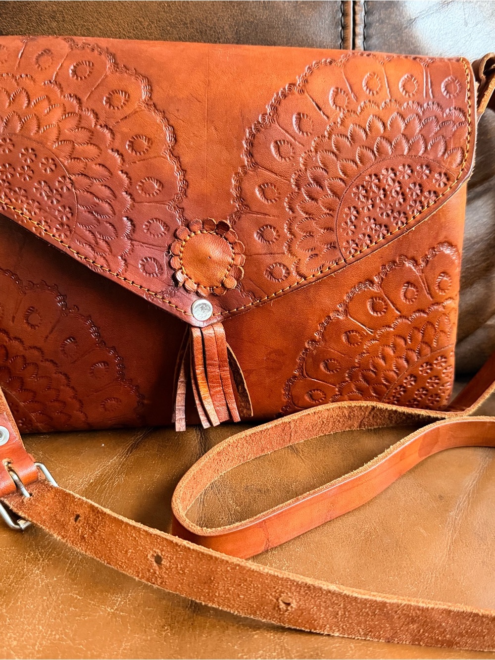 Hand-Tooled Leather Crossbody Bag in Cognac Brown